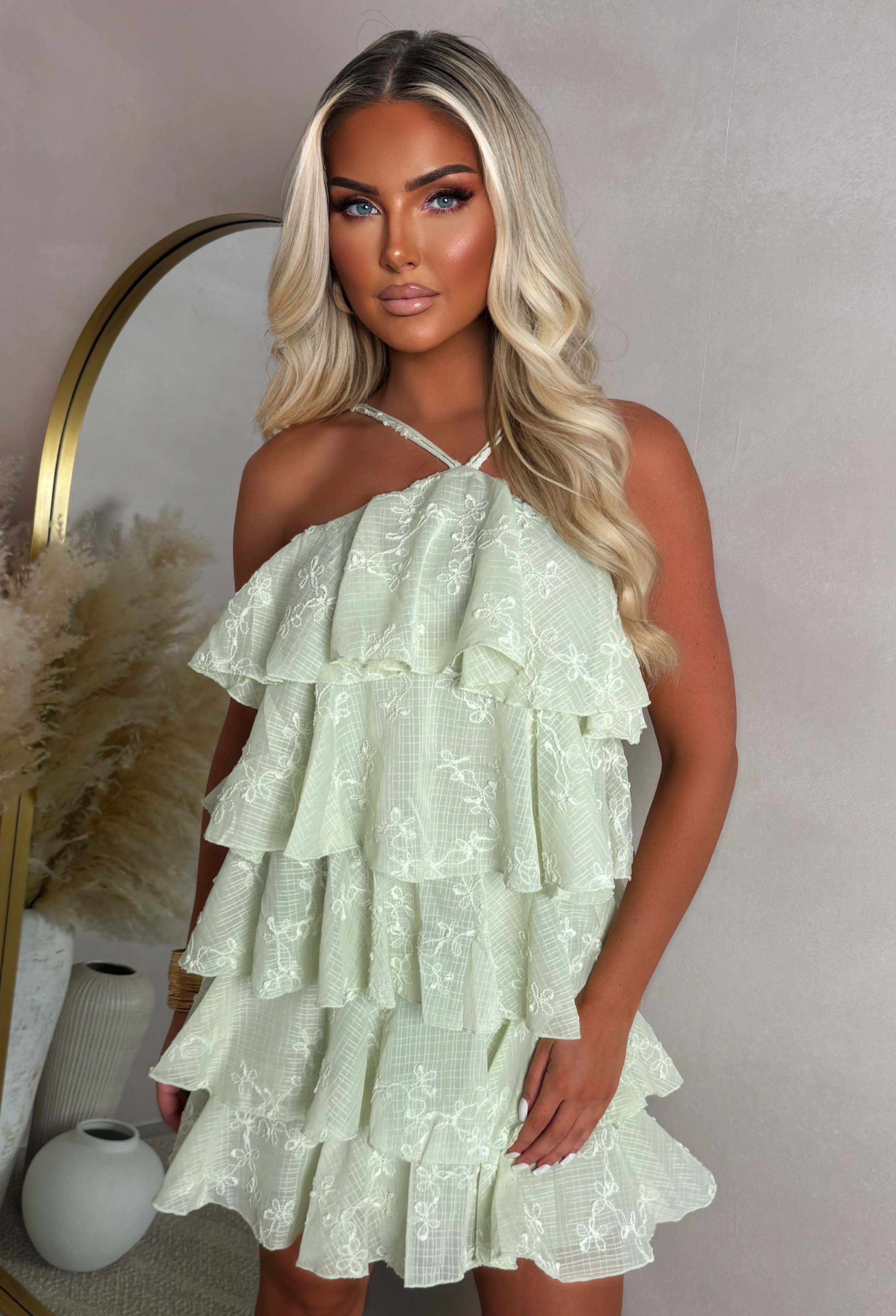 Flirtini Fiesta Green Frill Halter Strap Embroidered Mini Dress