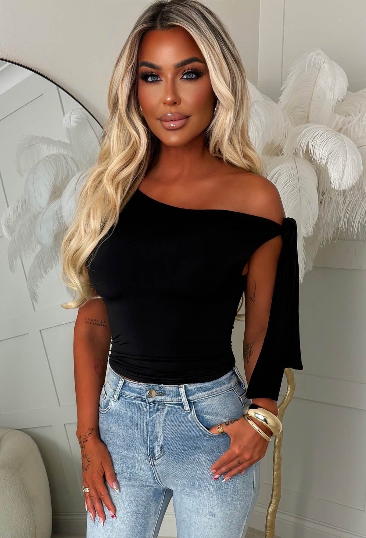 Knot Into You Black Tie Shoulder Stretch Top