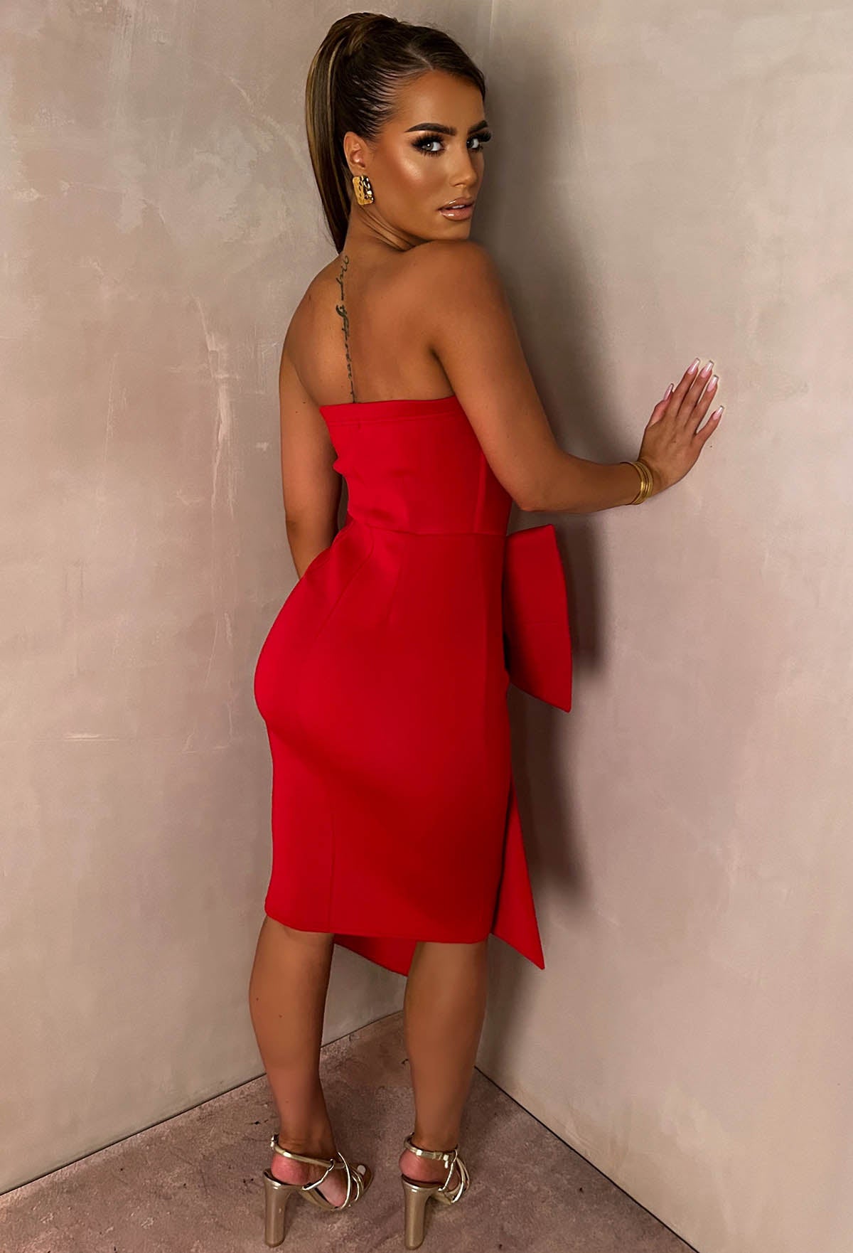 Classy Dream Red Bandeau Bow Skirt Midi Dress