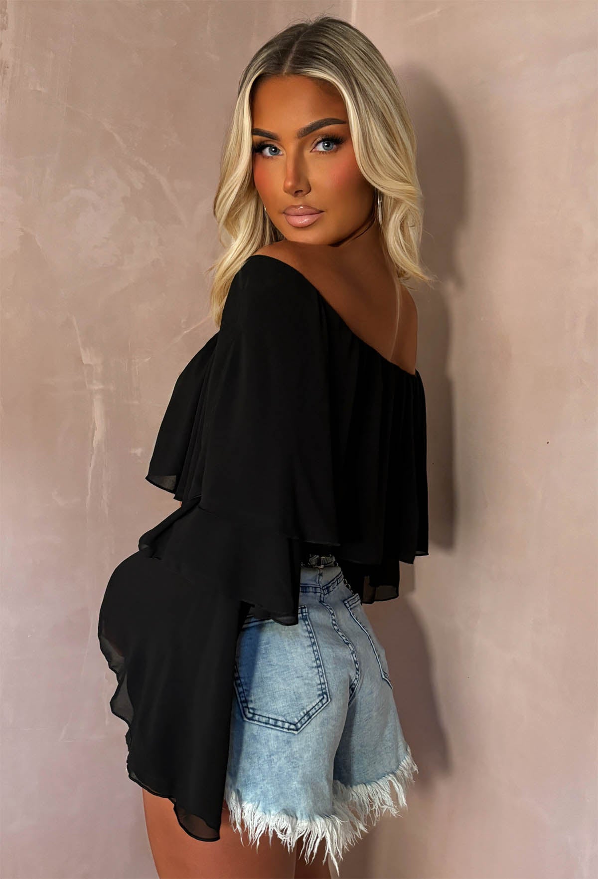 Oh My Love Black Bardot Ruffle Crop Top