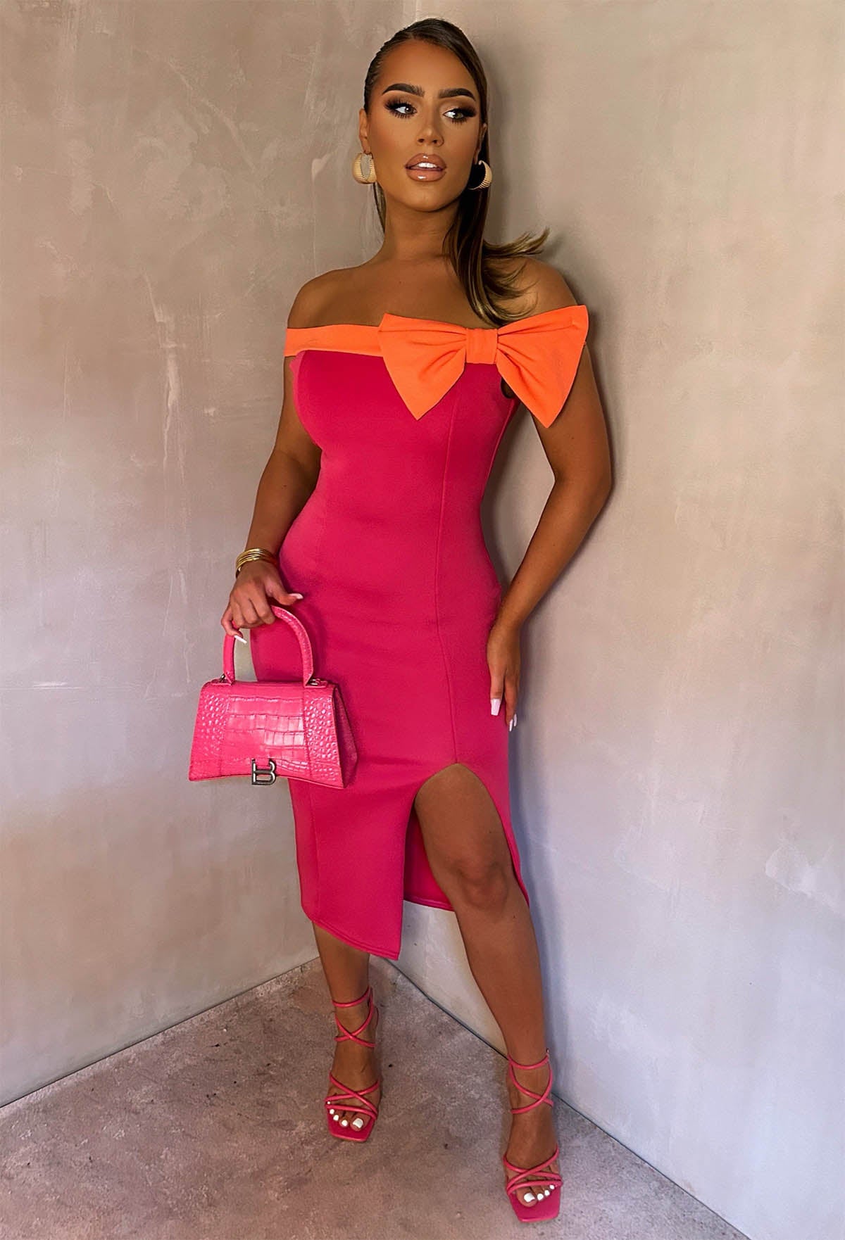 Little Miss Chic Hot Pink Stretch Contrast Bardot Bow Detail Lined Midi Dress