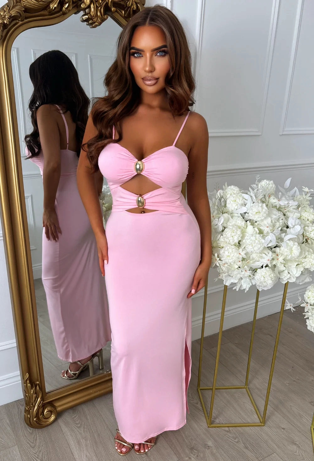Peekaboo Perfection Pink Cut Out Buckle Maxi Dress