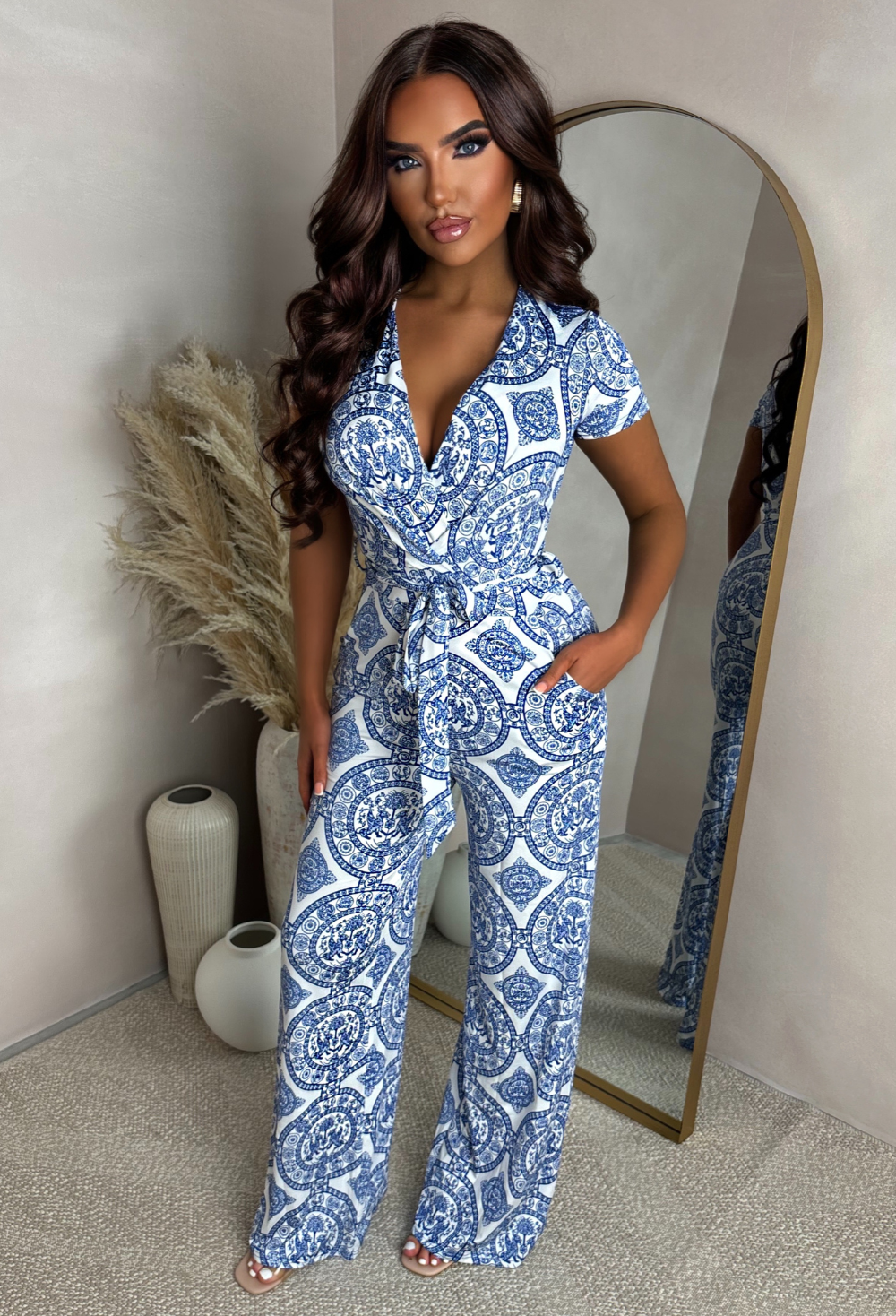 Ravello Blue Wrap Front Tile Print Jumpsuit Pink Boutique