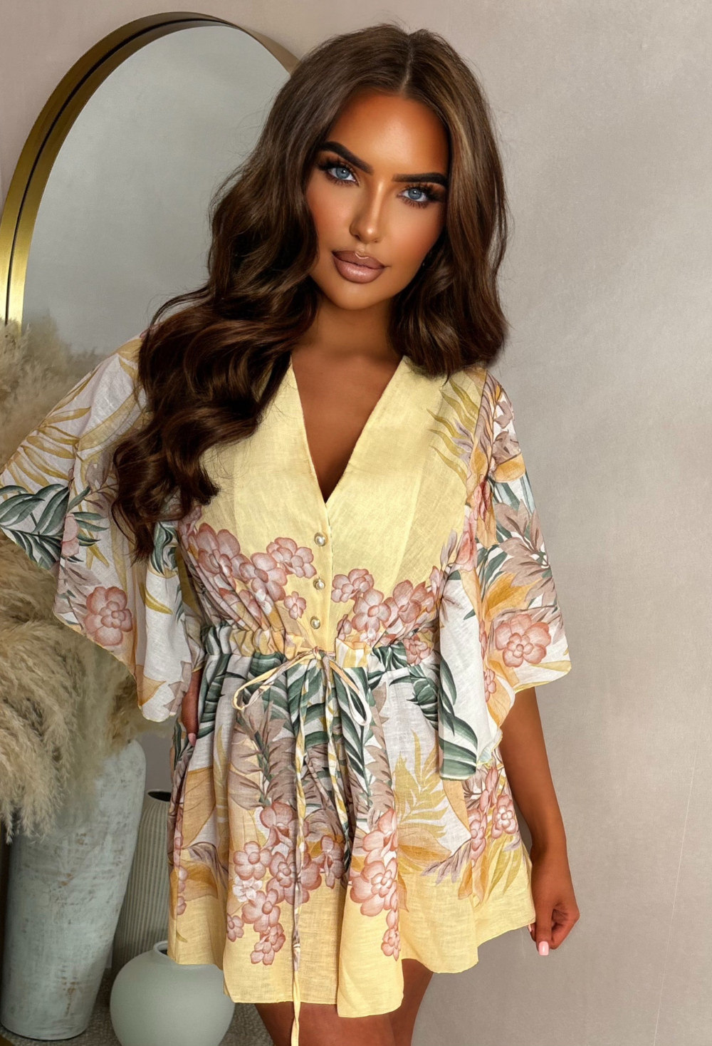 Floral Paradise Lemon Drawcord Button Front Floral Playsuit