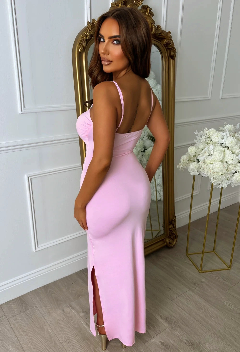 Peekaboo Perfection Pink Cut Out Buckle Maxi Dress