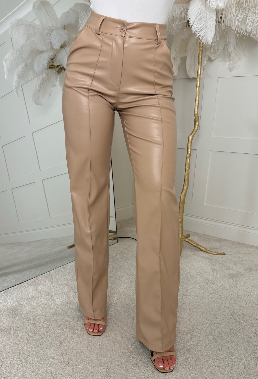 Luxe Destiny Beige Faux Leather Straight Leg Trousers