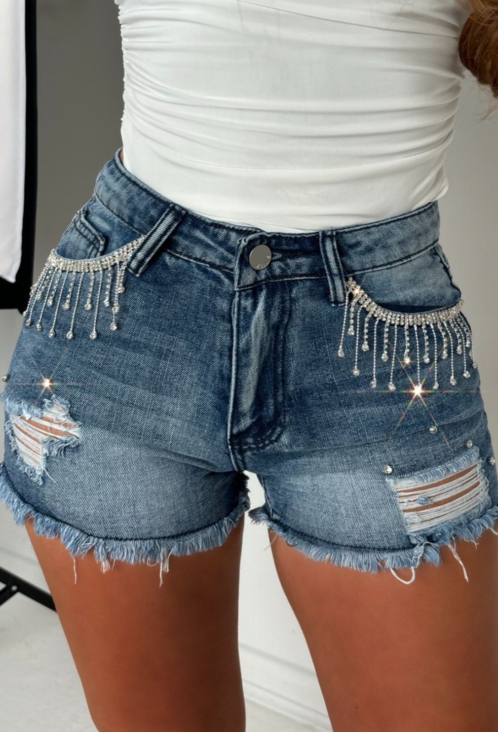 Denim Shivers Light Wash Denim Tassel & Diamante Shorts