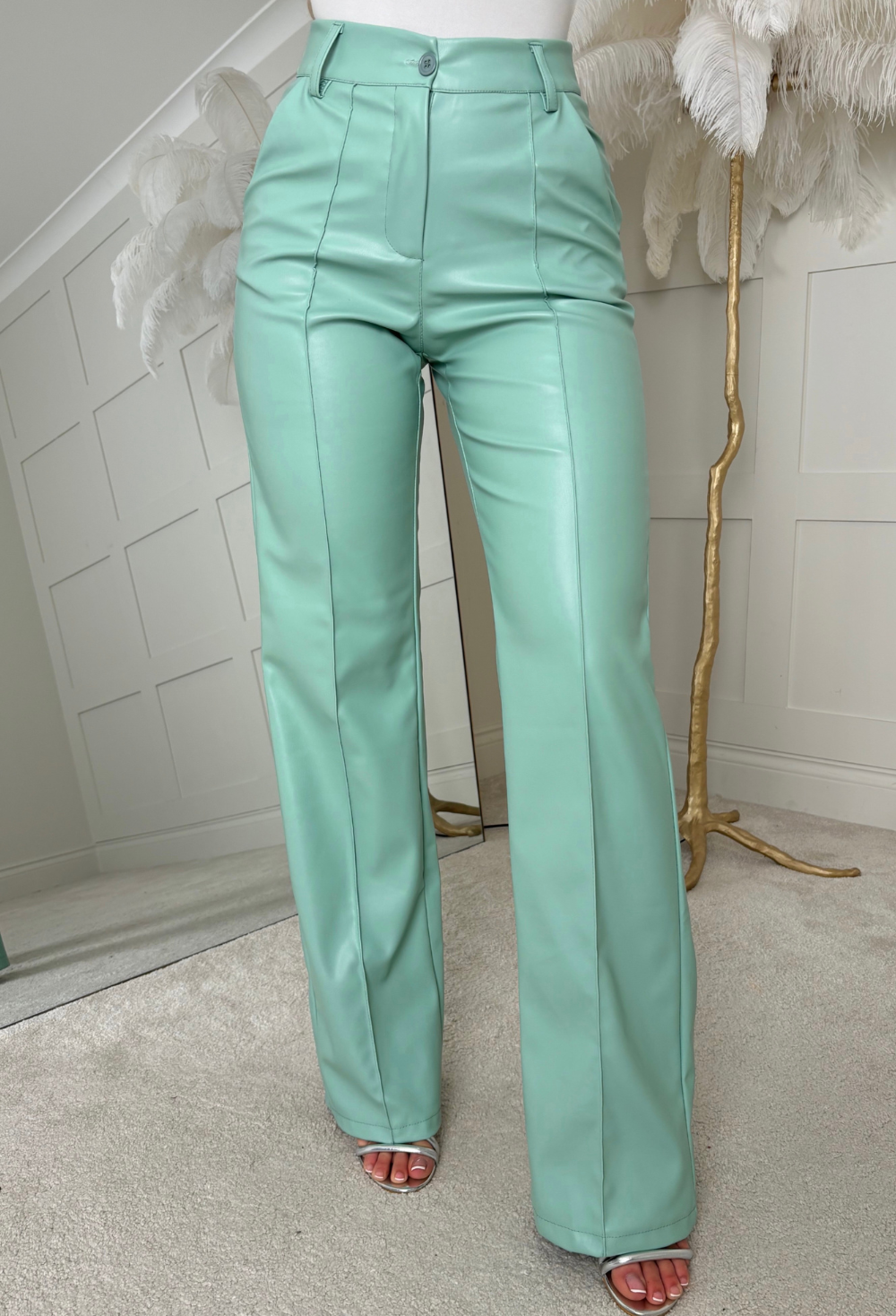 Luxe Destiny Green Faux Leather Straight Leg Trousers