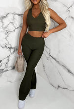 Yoga Chic Khaki Bodysculpt Ribbed Cropped Top And Flared Trouser Set