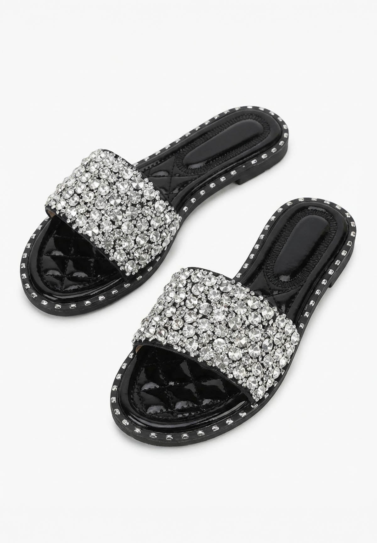 Dazzle Dream Black Diamante Flat Sandals