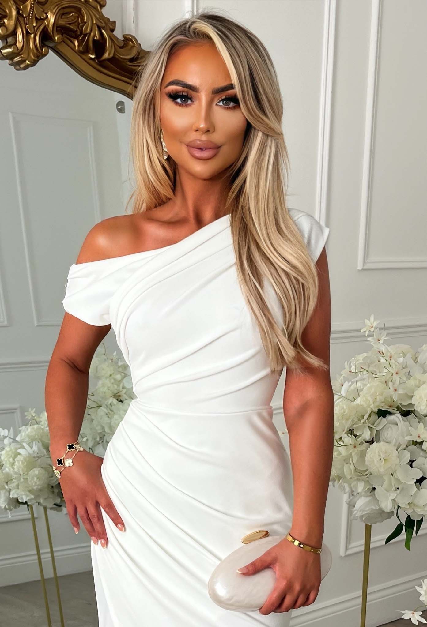 Such A Stunner White Off The Shoulder Ruched Midi Dress