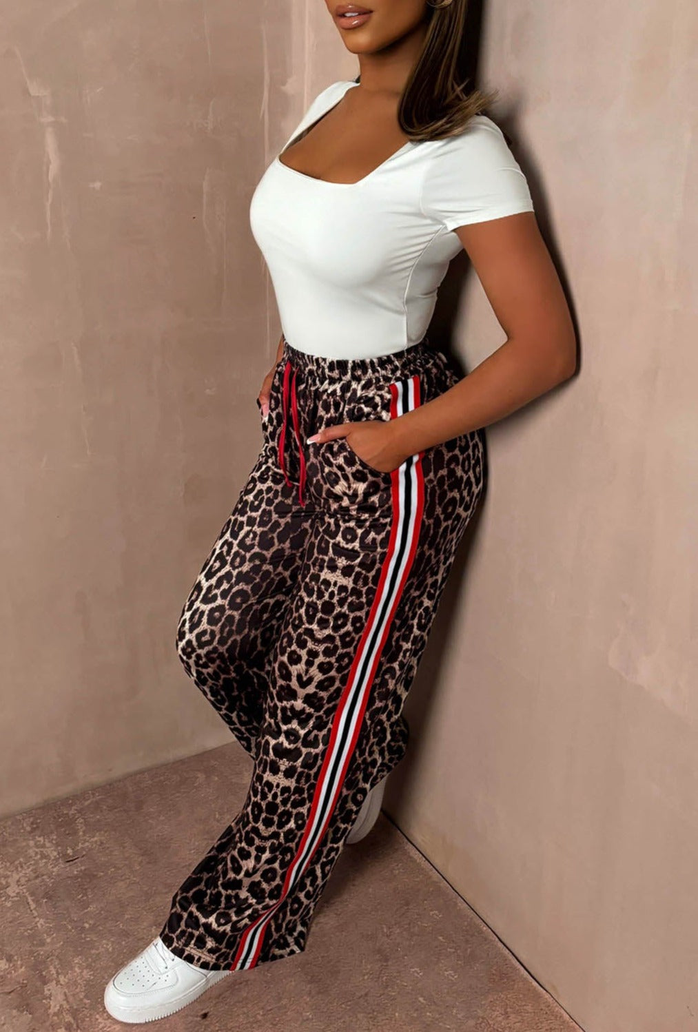 Wildest Days Leopard Print Side Stripe Wide Leg Trousers Pink