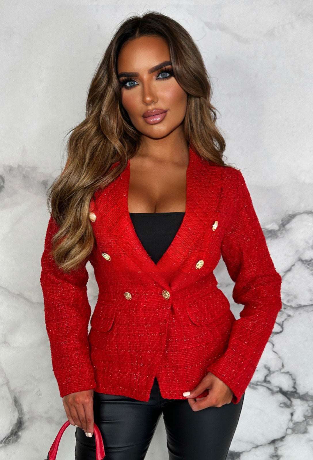 Be A Saint Red Metallic Tweed Blazer | Pink Boutique Be A Saint Red Metallic Tweed Blazer | Pink Boutique