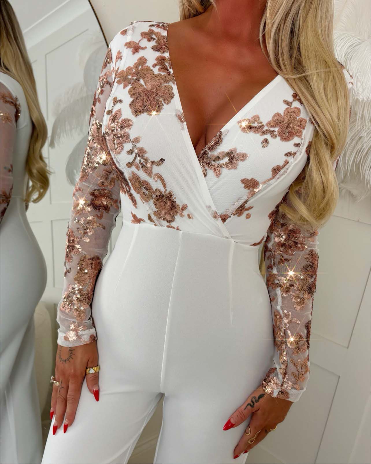 Sylvia White Flower Sequin Jumpsuit
