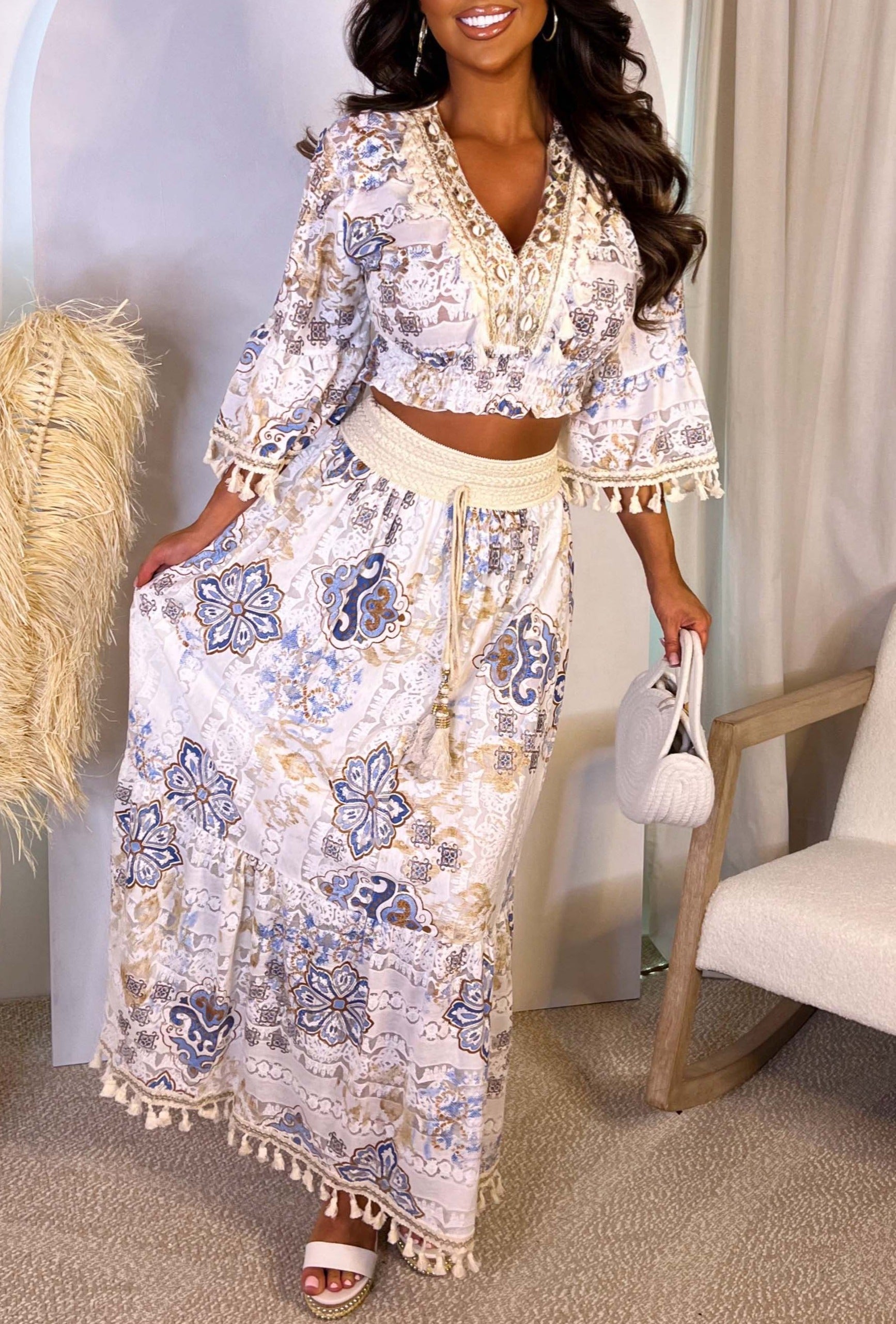 Boho Illusion Light Blue Boho Drawstring Elasticated Maxi Skirt