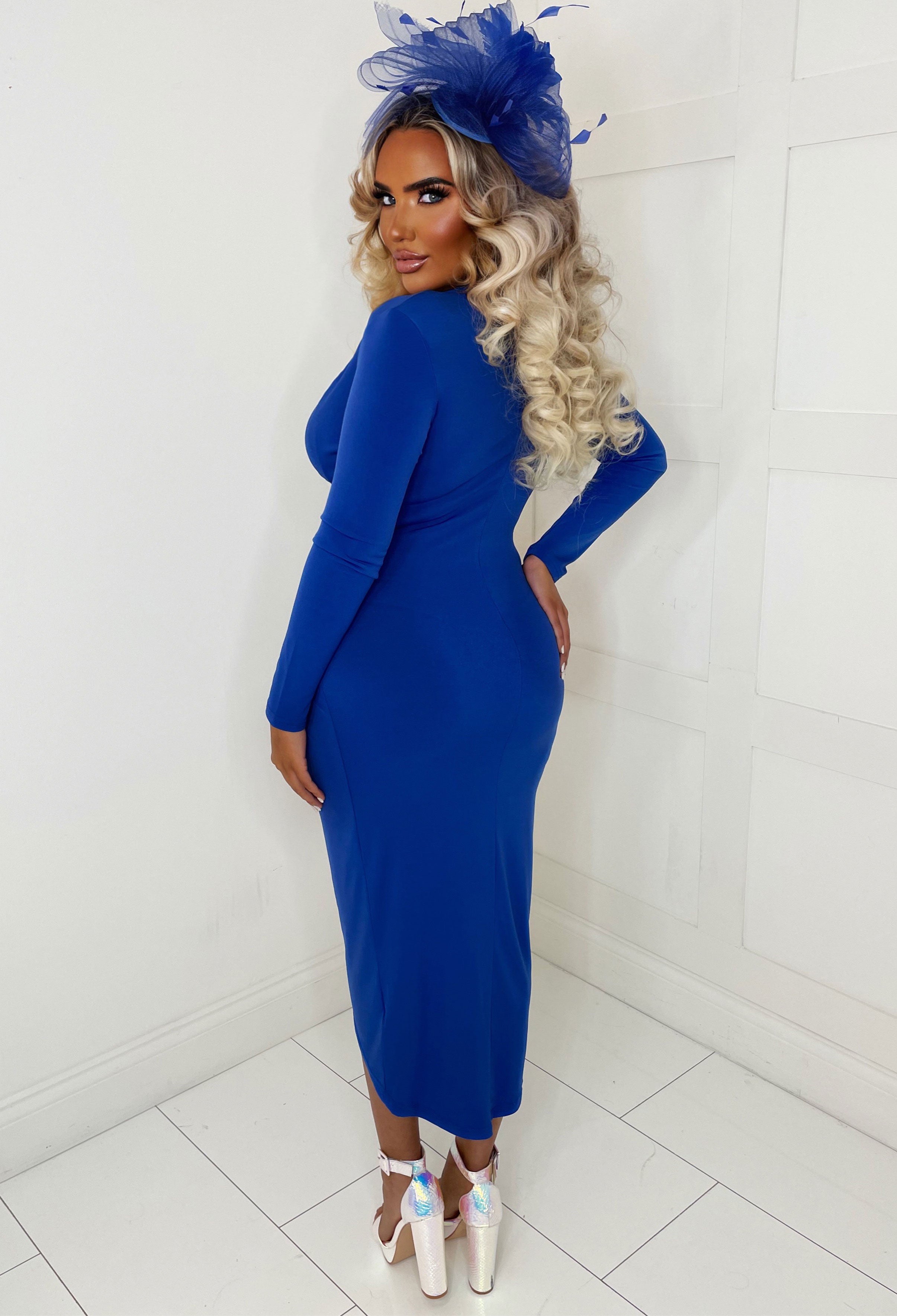 Cobalt Long Sleeve Ruched Midi Dress