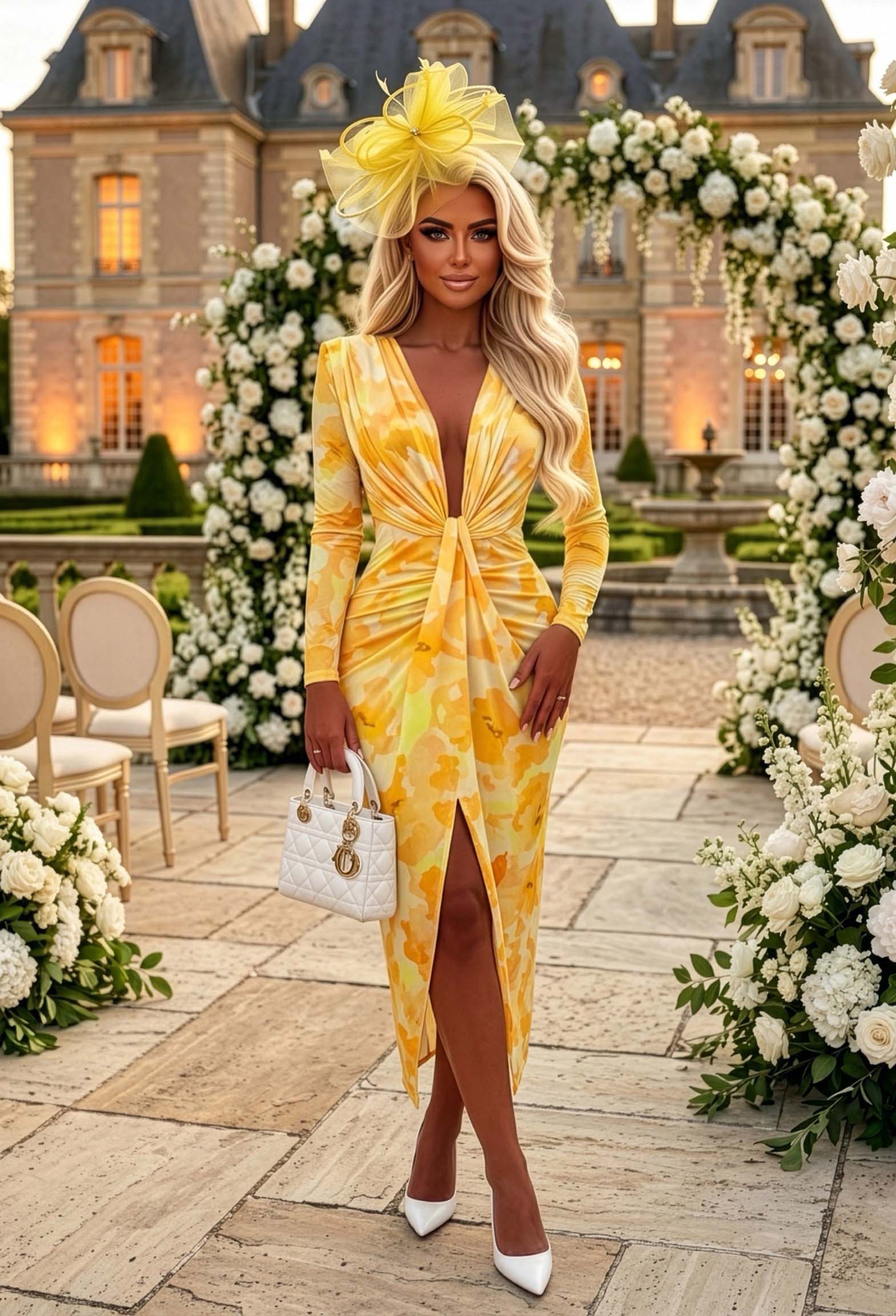 Cocktail Chic Lemon Stretch Long Sleeve Plunge Ruched Midi Dress