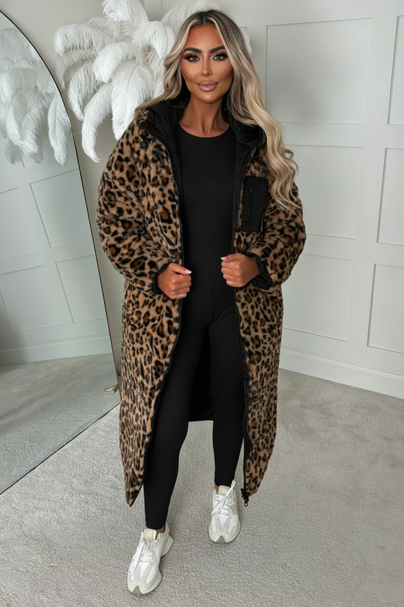 Double Trouble Leopard Reversible Borg Padded Puffer Coat