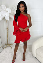 Frilled Senorita Red One Sleeve Ruched Frill Hem Mini Dress