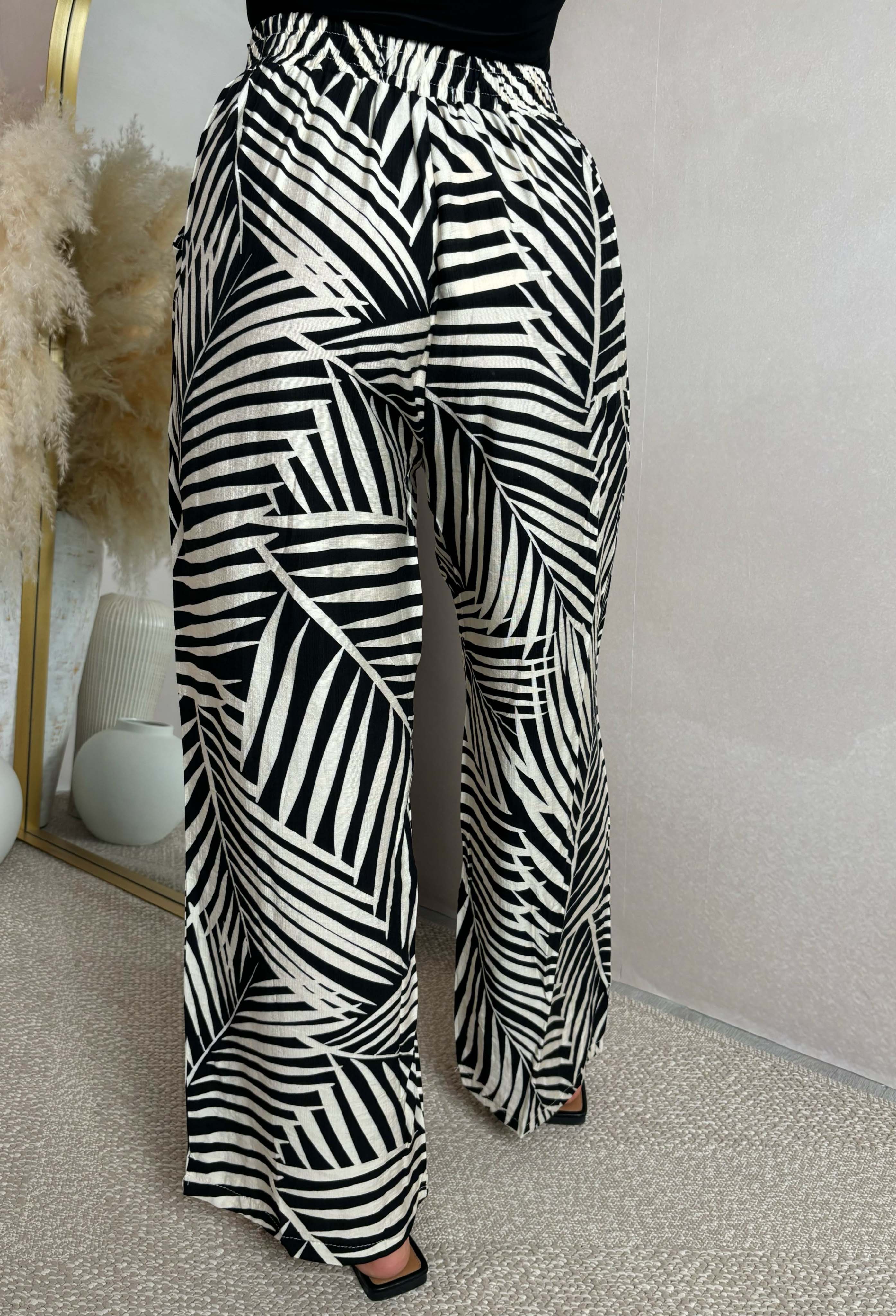 Heatwave Chic Black Tie Waist Tropical Trousers