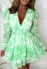 Chase Sunsets Green Puff Sleeve Belted Mini Dress