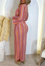 Holiday Sunset Red Crochet Knitted Plunge Long Sleeve Maxi Dress Cover-Up