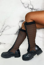 Quite Obsessed Black Knitted Geometric Lace Up Knee High Boots