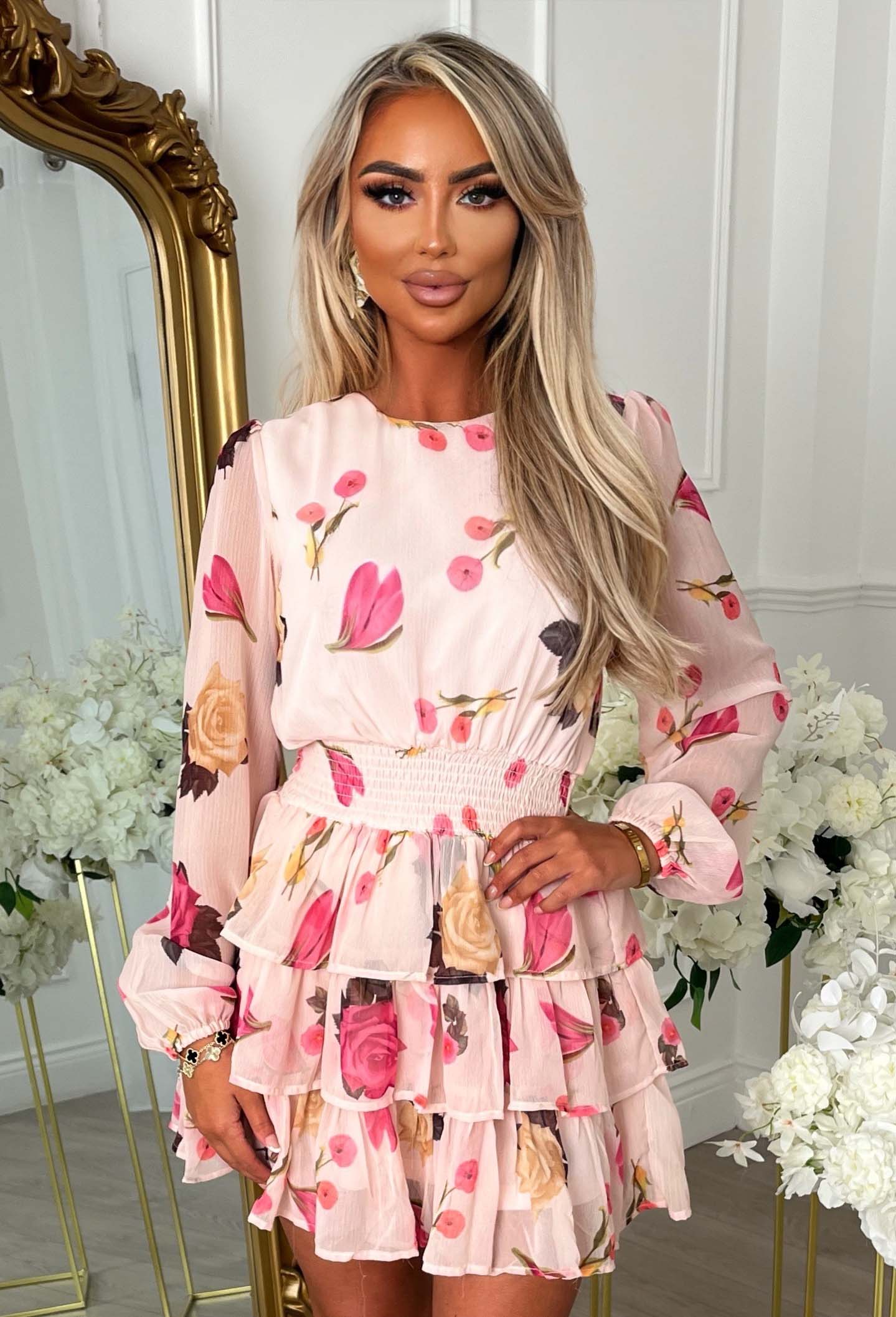 Kissed By Cala Bassa Baby Pink Rose Print Long Sleeve Ra Ra Mini Dress
