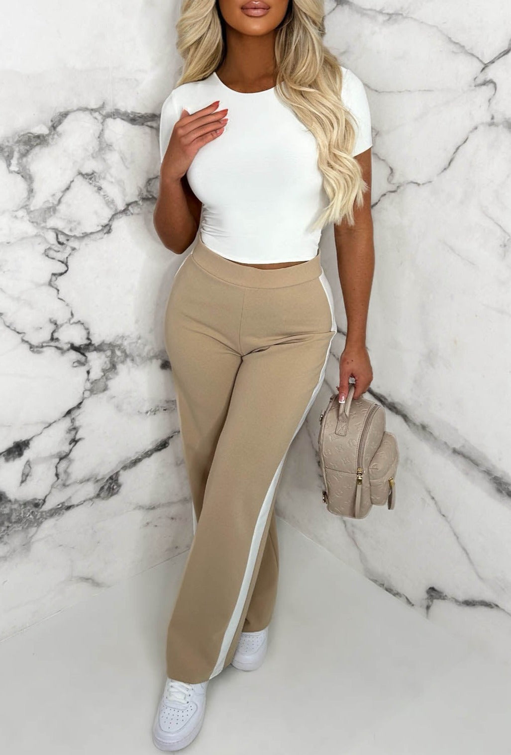 Always A Hero Stone Wide Side Stripe Stretch Trousers