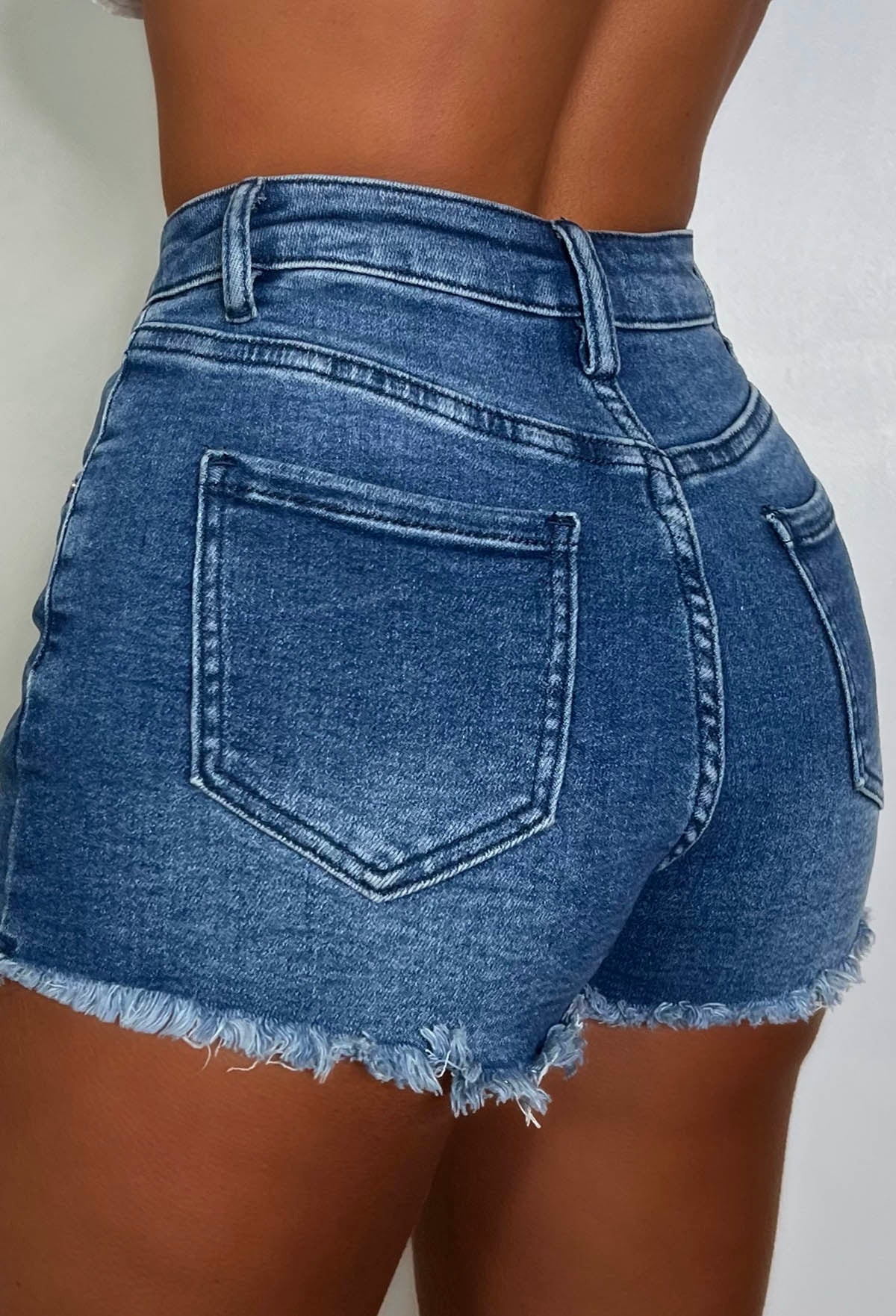 Denim Cutie Mid Blue Cut Off Denim Stretch Shorts