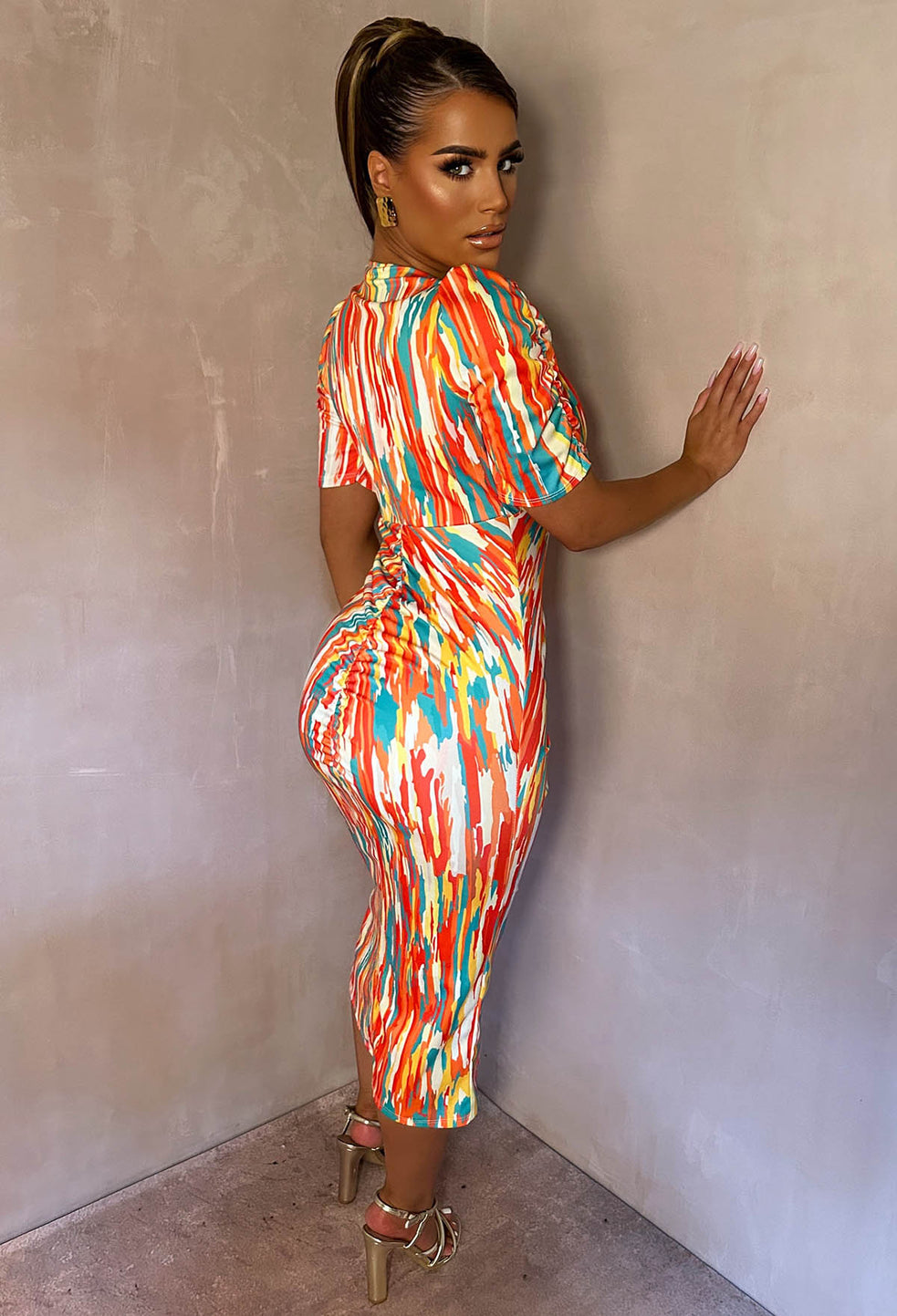 Love You Always Orange Printed Ruched Dress