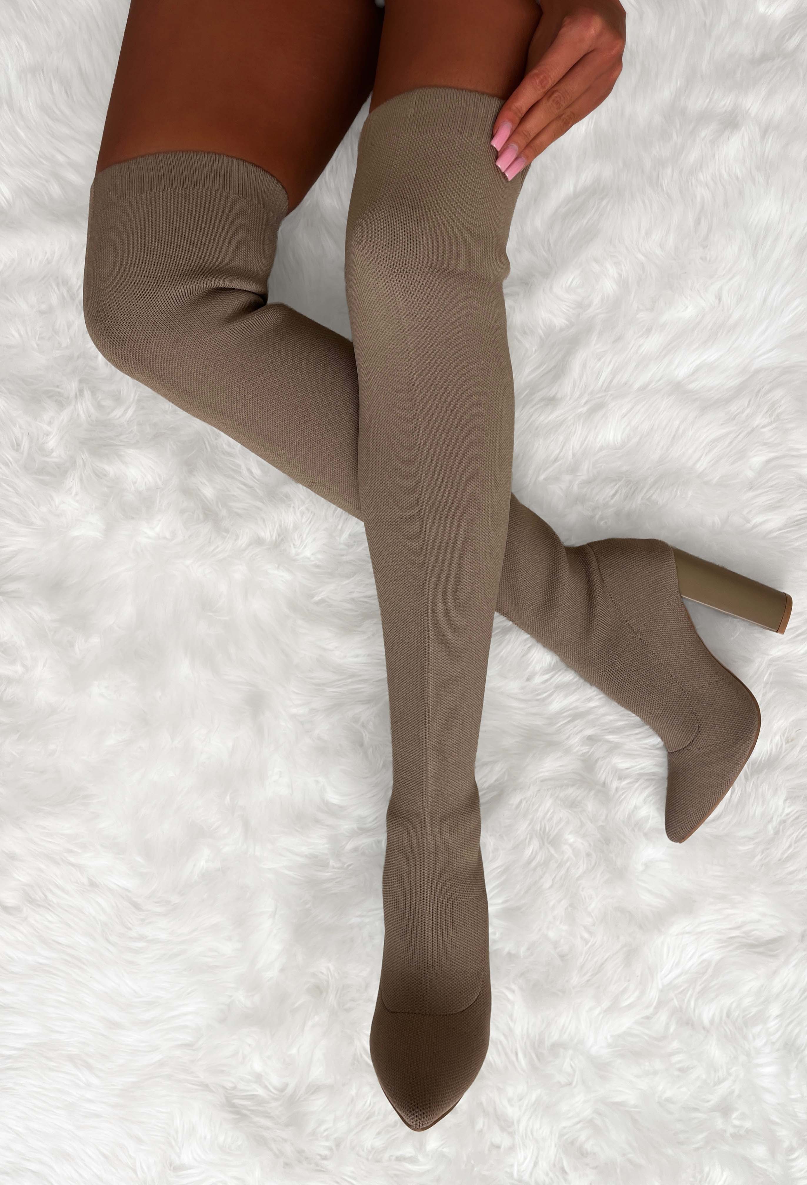Just For You Brown Stretch Over The Knee Block Heel Boots