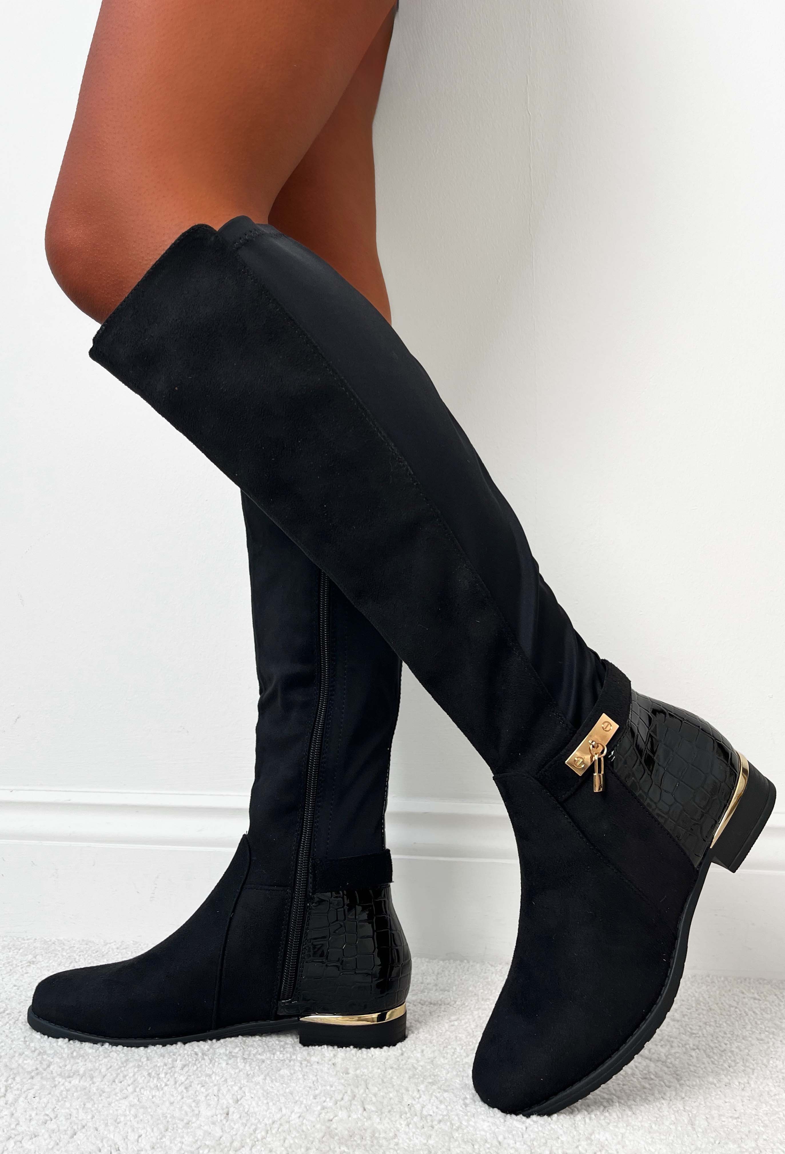 Riding High Black Faux Croc & Jersey Knee High Riding Boot