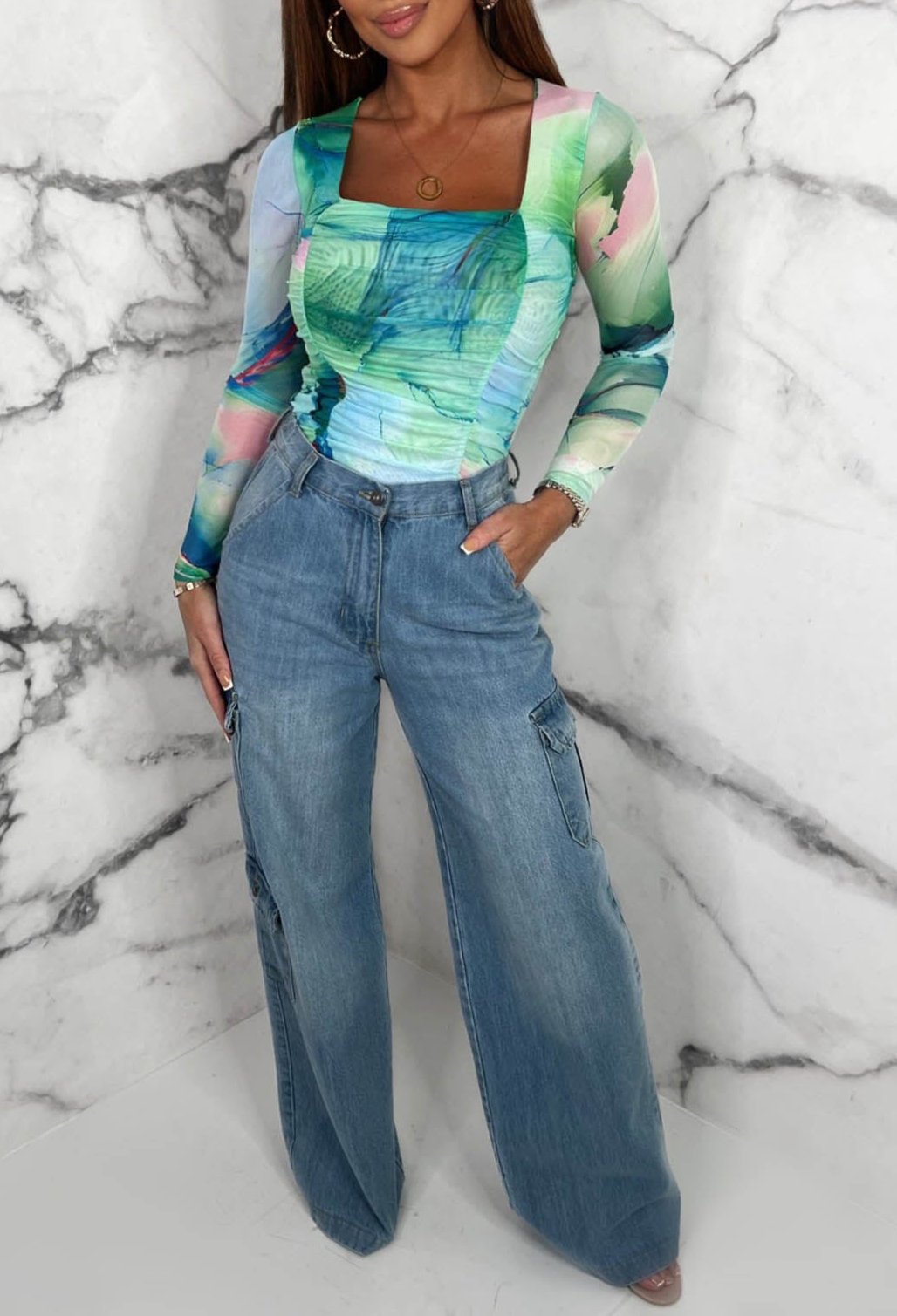 Sunset Memories Green Printed Mesh Ruched Top