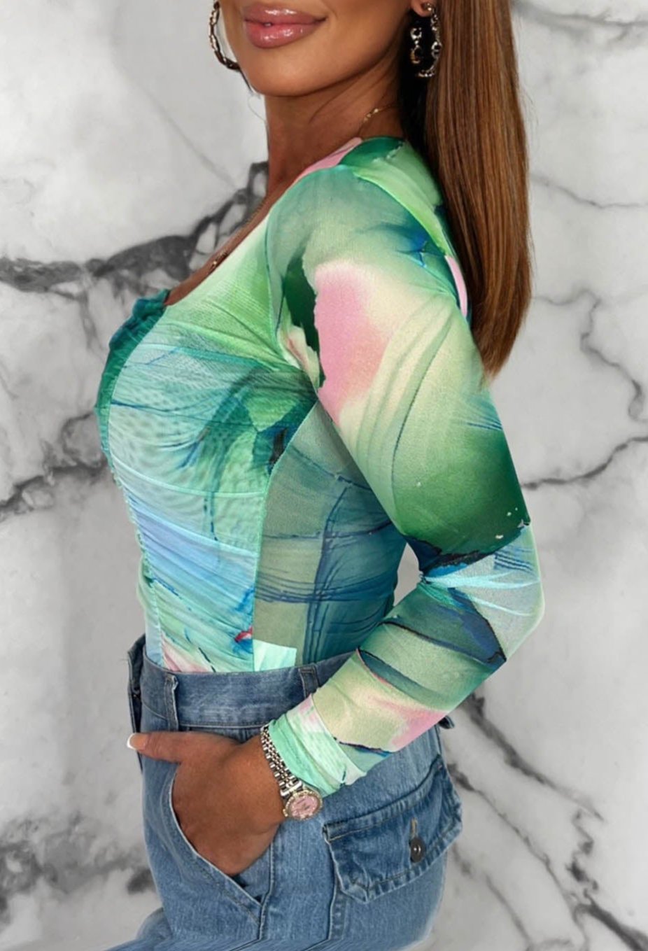 Sunset Memories Green Printed Mesh Ruched Top