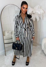 Call Me Chic Monochrome Satin Shoulder Pad Striped Belted Midi Shirt Dress Limited Edition