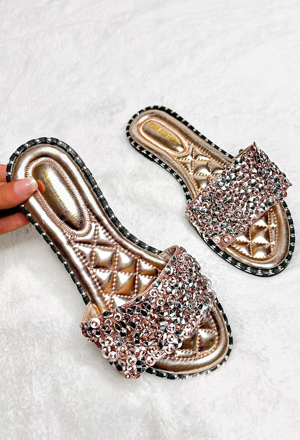 Dazzle Dream Rose Gold Diamante Flat Sandals