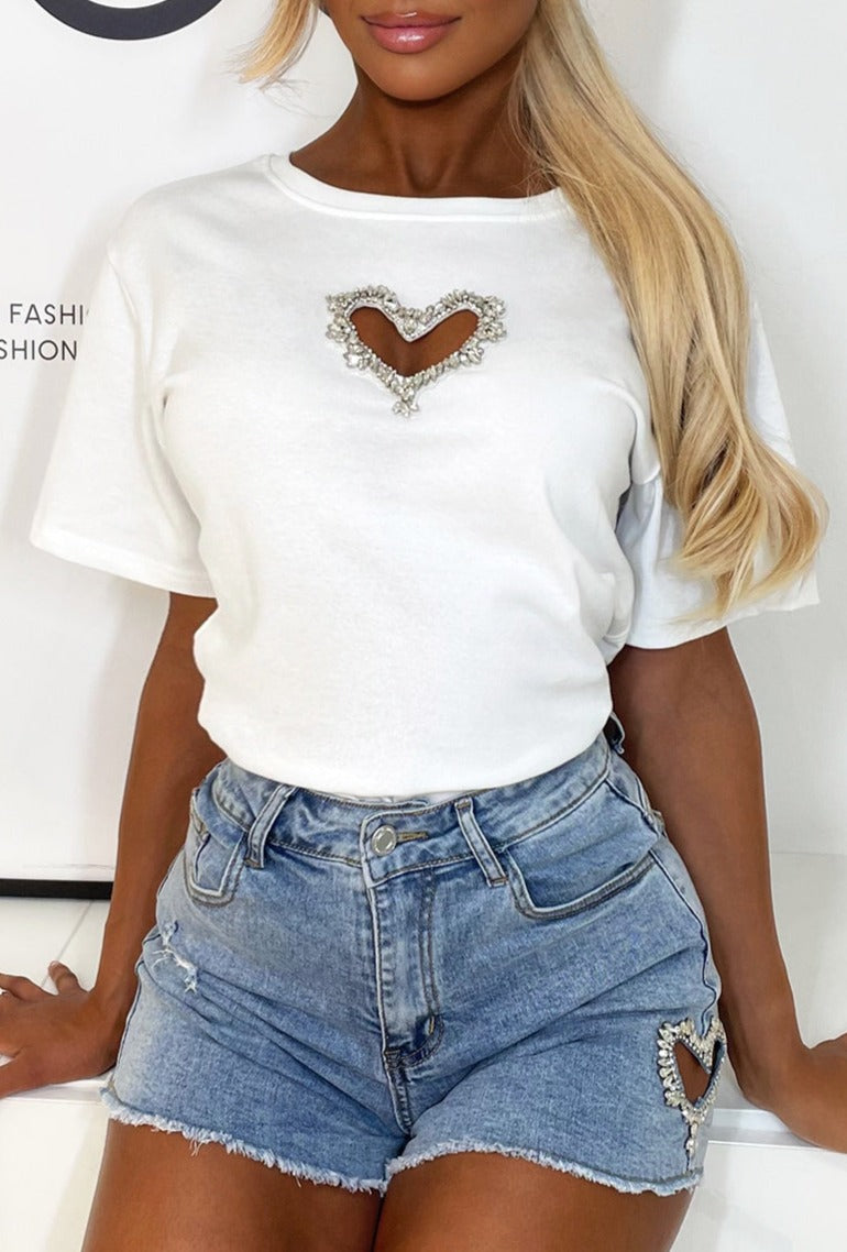 White T-Shirt with Diamante Embellishment