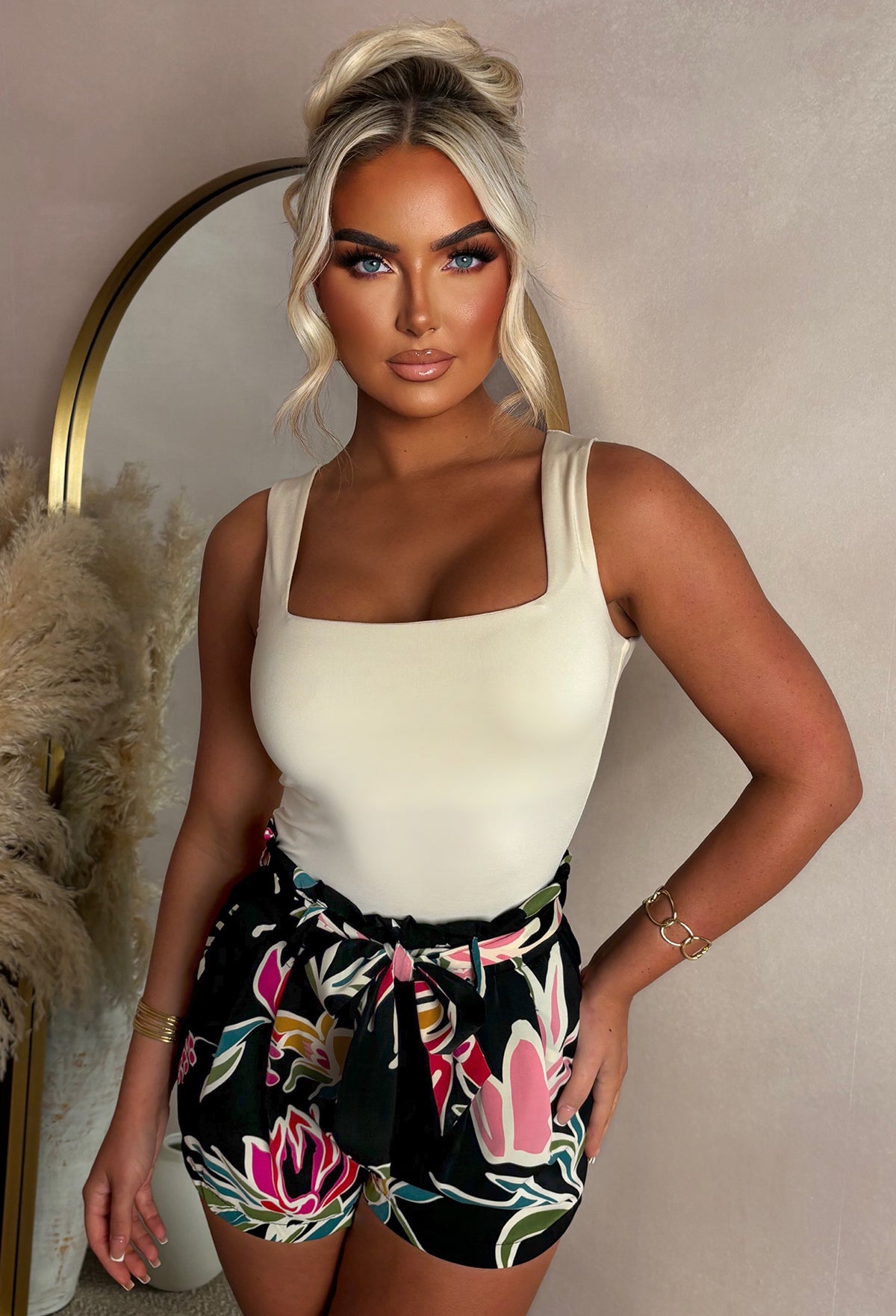 Floral Escape Black Belted Printed Elasticated Shorts