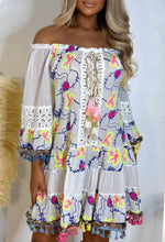 Babe In Boho White Neon Embroidered Bardot Tassel Hem Mini Dress