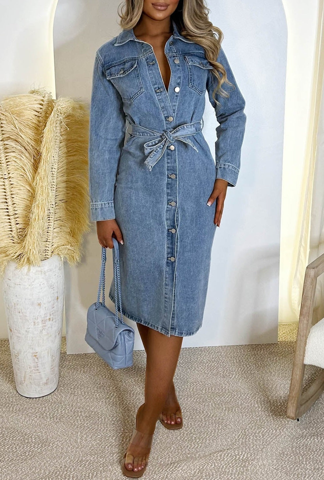 Denim Envy Blue Belted Button Up Long Sleeve Denim Midi Dress