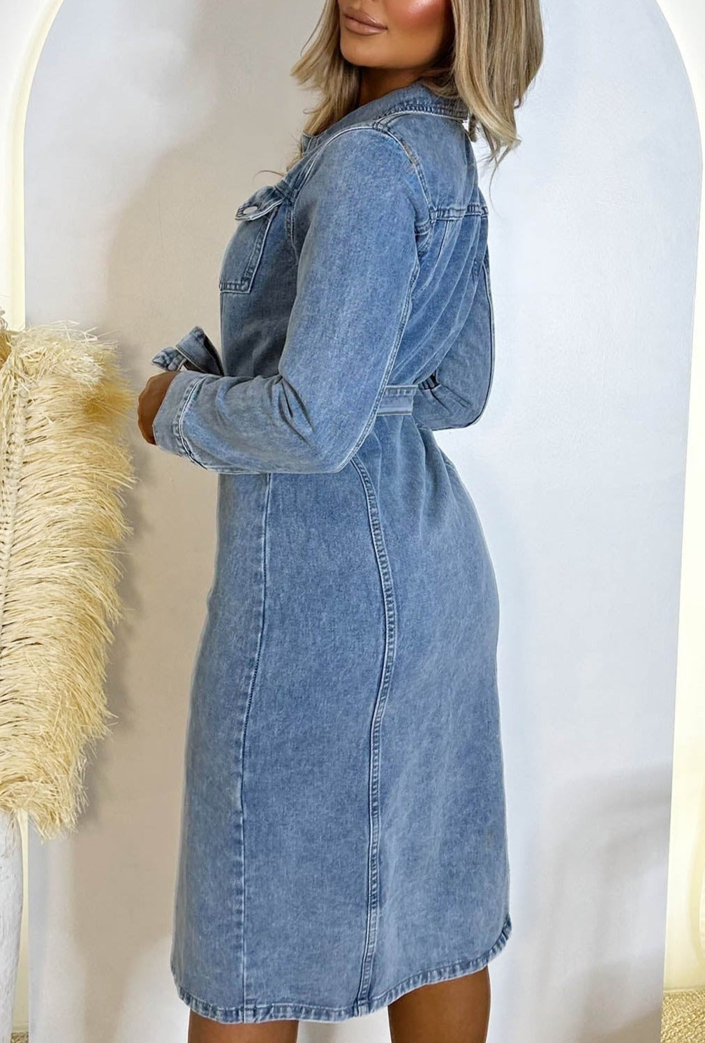 Denim Envy Blue Belted Button Up Long Sleeve Denim Midi Dress