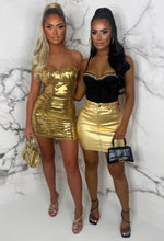 Golden Gala Gold Metallic Ruched Chain Strap Padded Cup Mini Dress Limited Edition