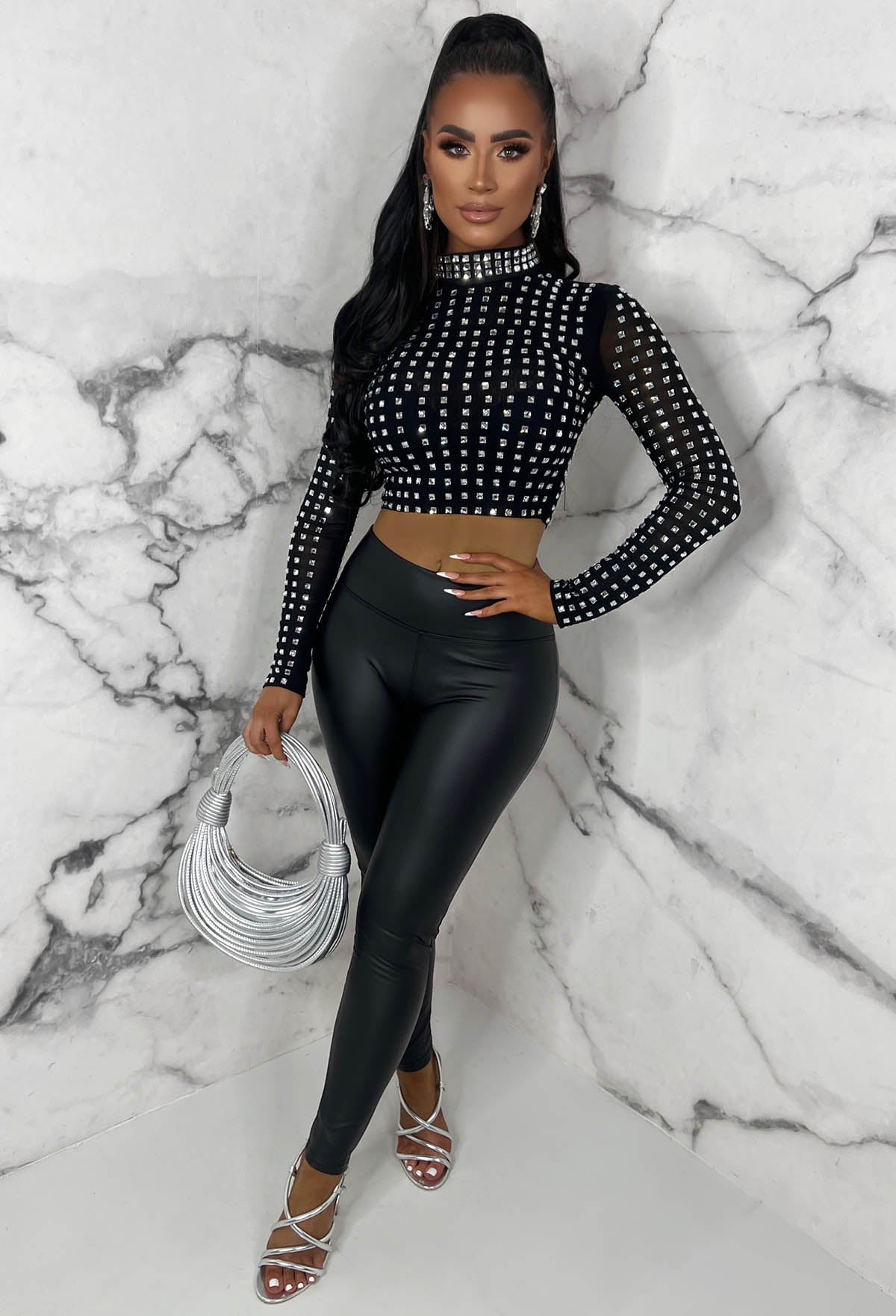 Starlit Black Diamond Gem Sheer Mesh Long Sleeve Top