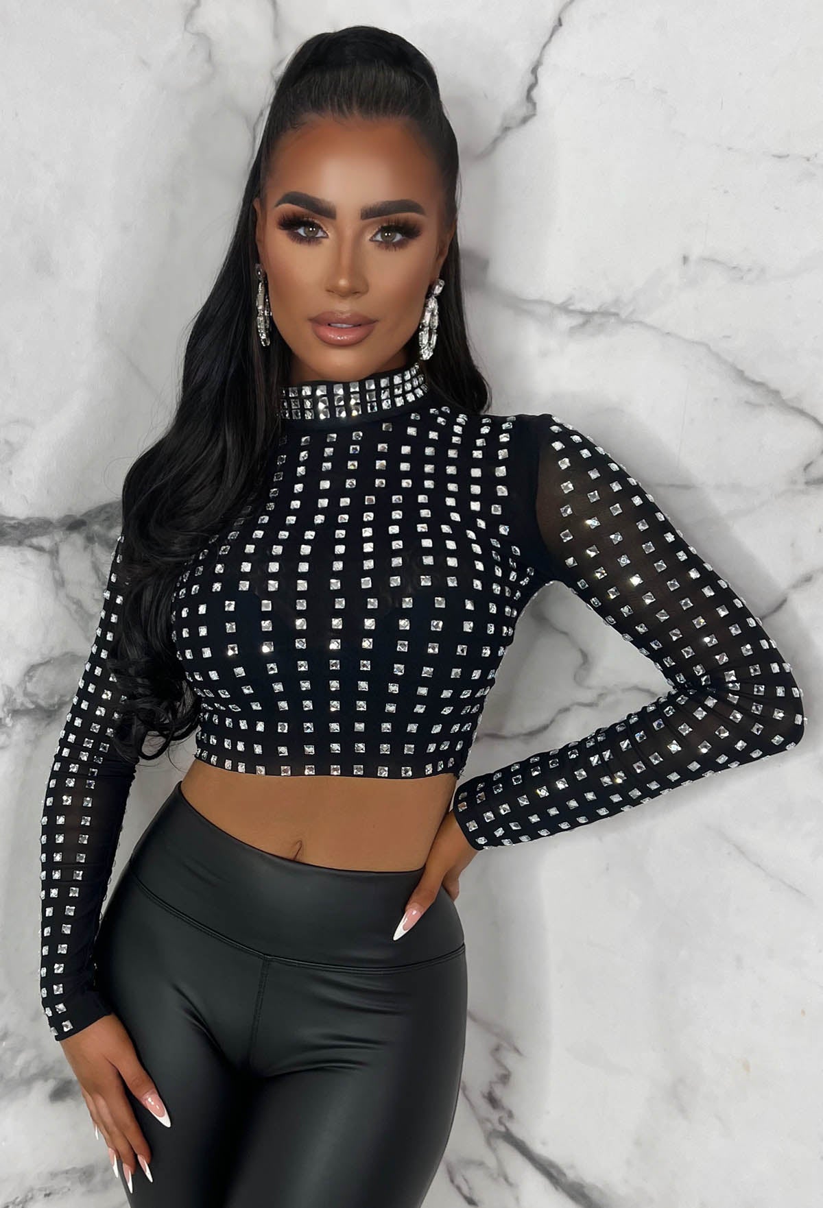 Starlit Black Diamond Gem Sheer Mesh Long Sleeve Top