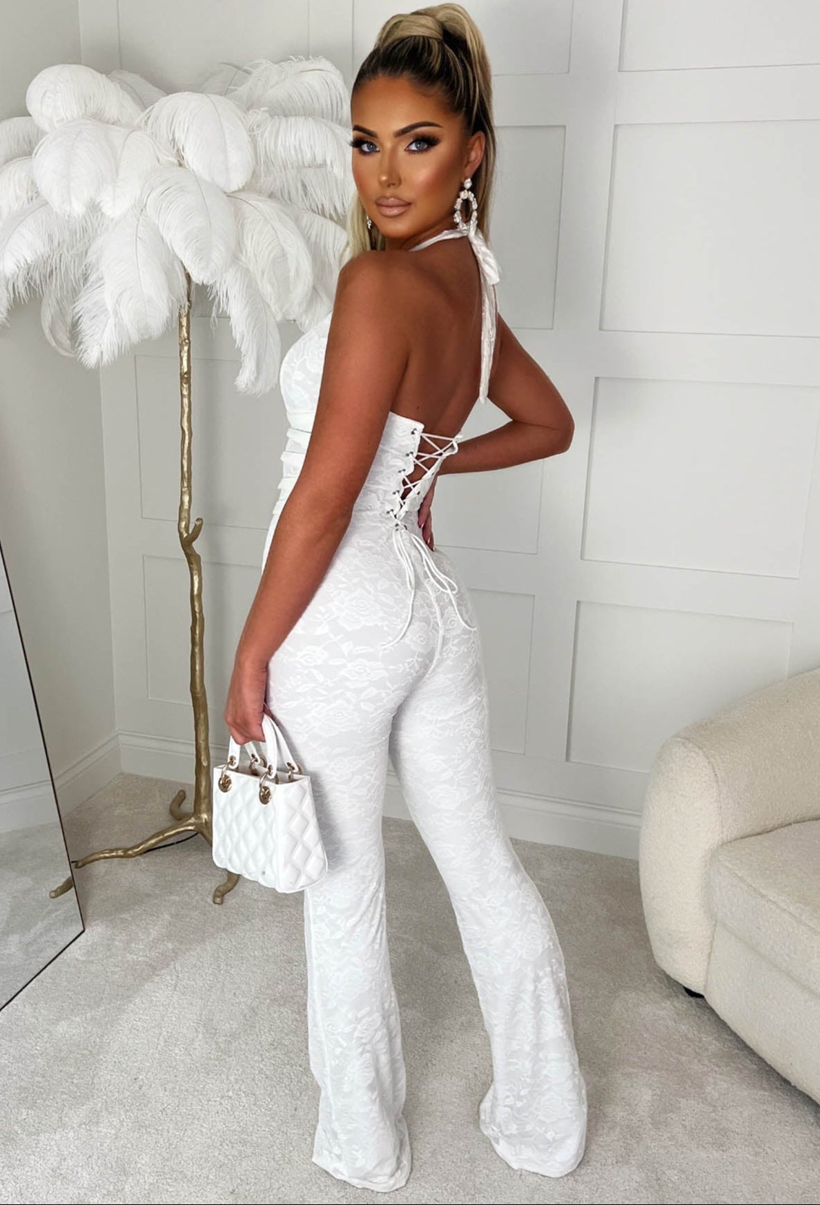 Mystic White Lace Halterneck Flared Tie Up Stretch Jumpsuit
