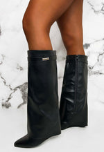 Signature Shark Black Faux Leather Fold Over Knee High Boots