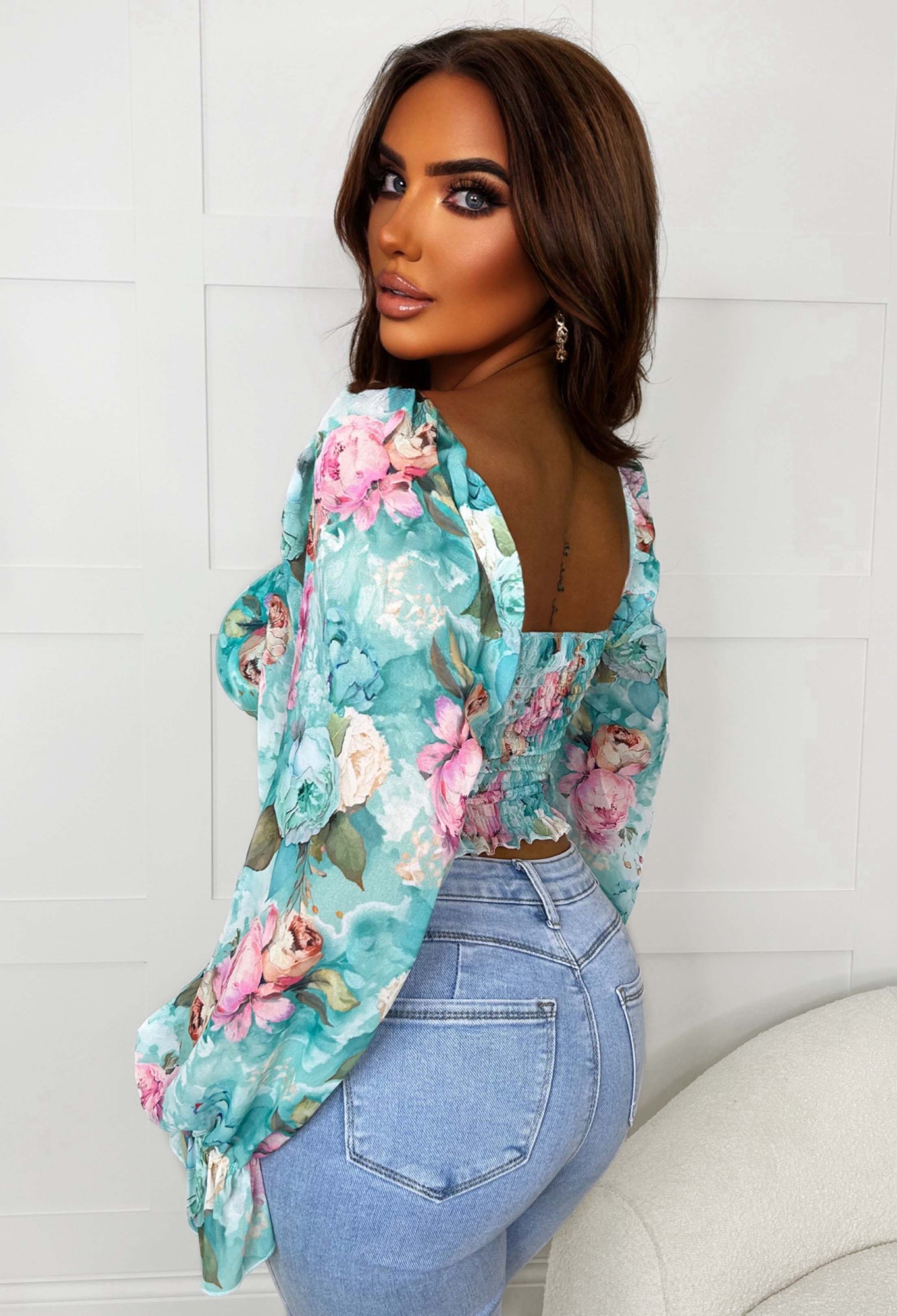 Loyal Love Teal Floral Milkmaid Mesh Top