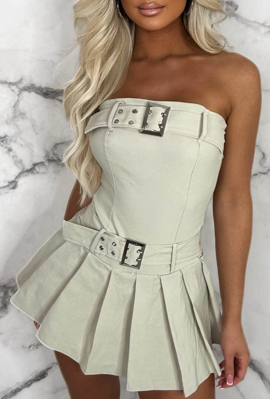 Belted Babe Stone Bandeau Stretch Pleated Skort Playsuit
