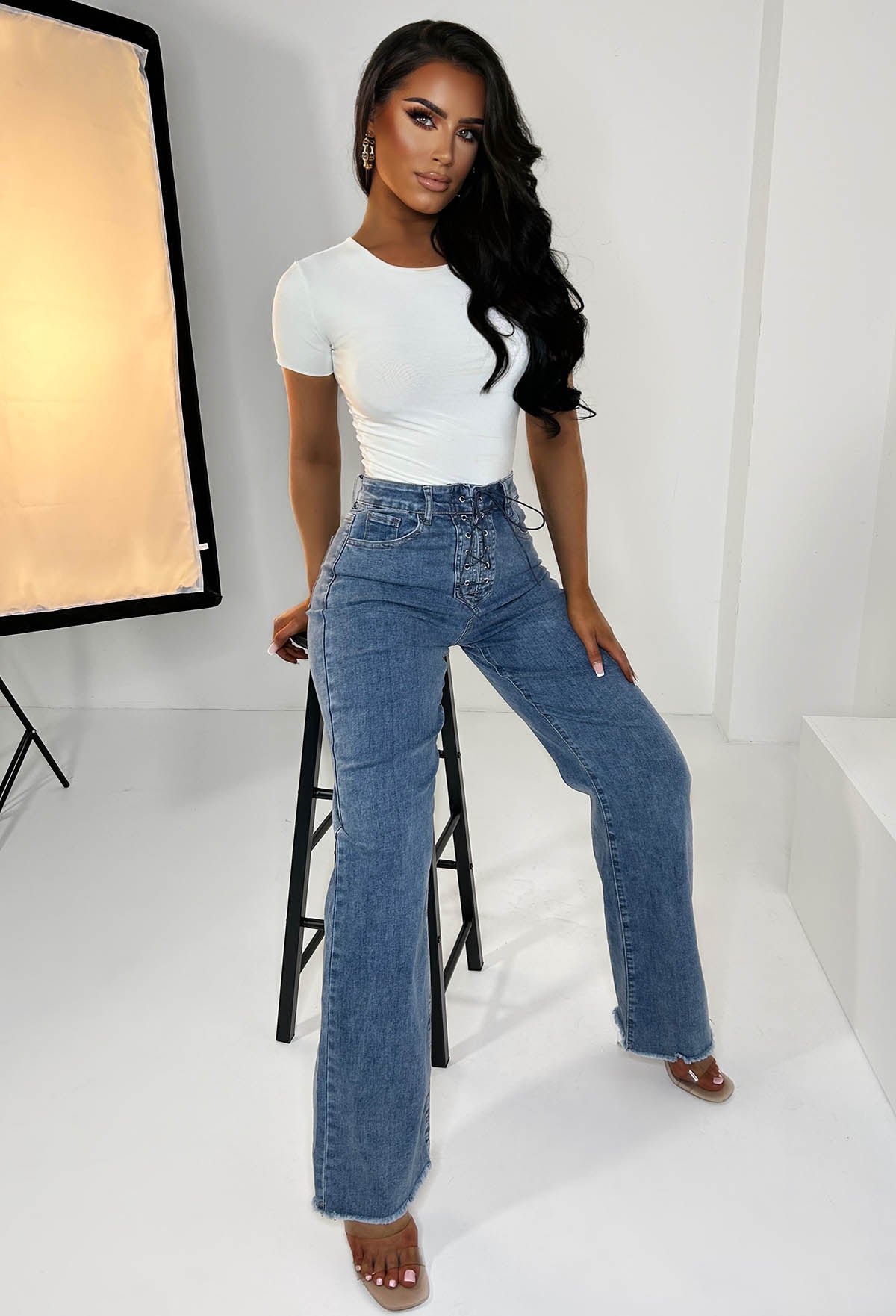 Tied Together Mid Blue Lace Up Stretch Straight Leg Jeans